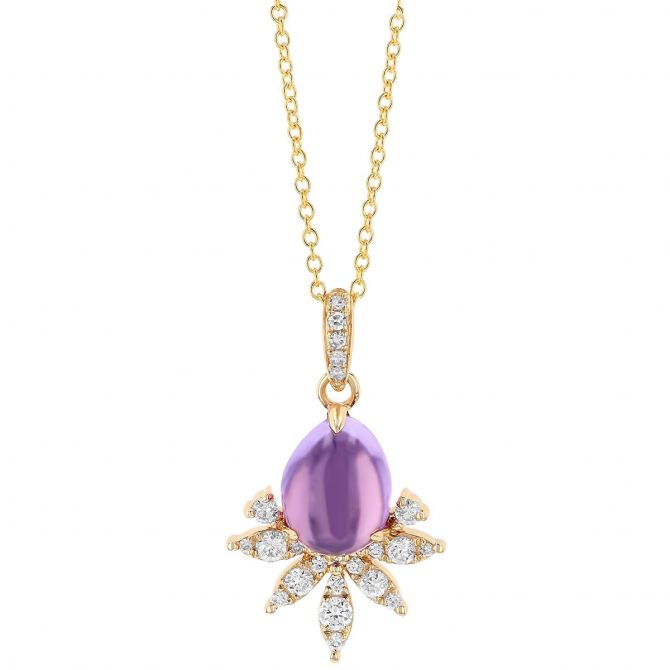 Pear Shaped Cabochon Amethyst & Diamond Crown Pendant in Yellow Gold, 18"