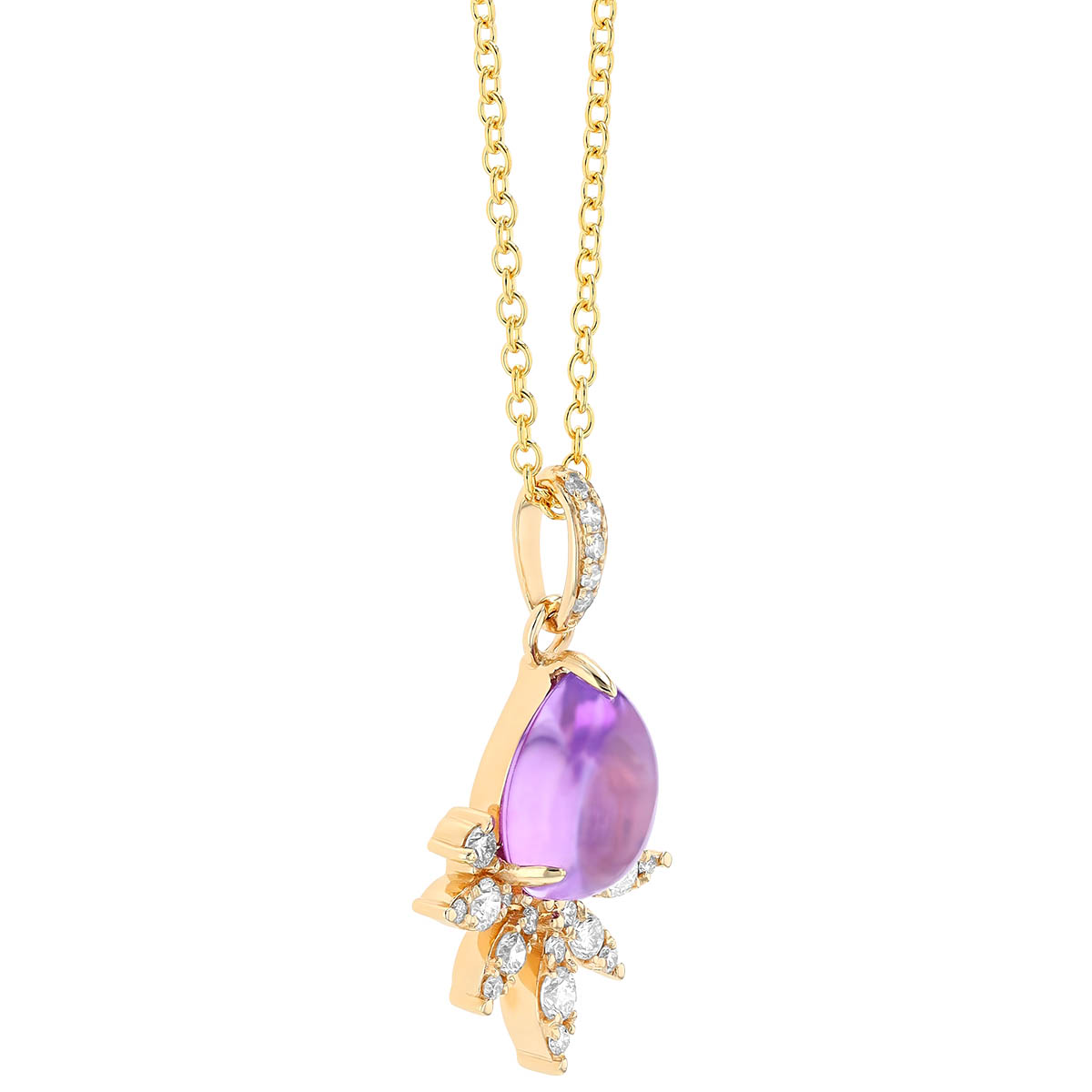 Pear Shaped Cabochon Amethyst & Diamond Crown Pendant in Yellow Gold, 18