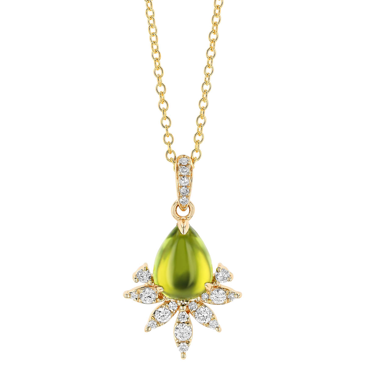 Pear Shaped Cabochon Peridot & Diamond Crown Pendant in Yellow Gold, 18