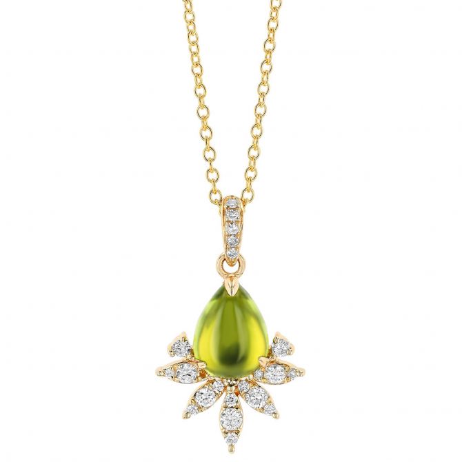 Pear Shaped Cabochon Peridot & Diamond Crown Pendant in Yellow Gold, 18"