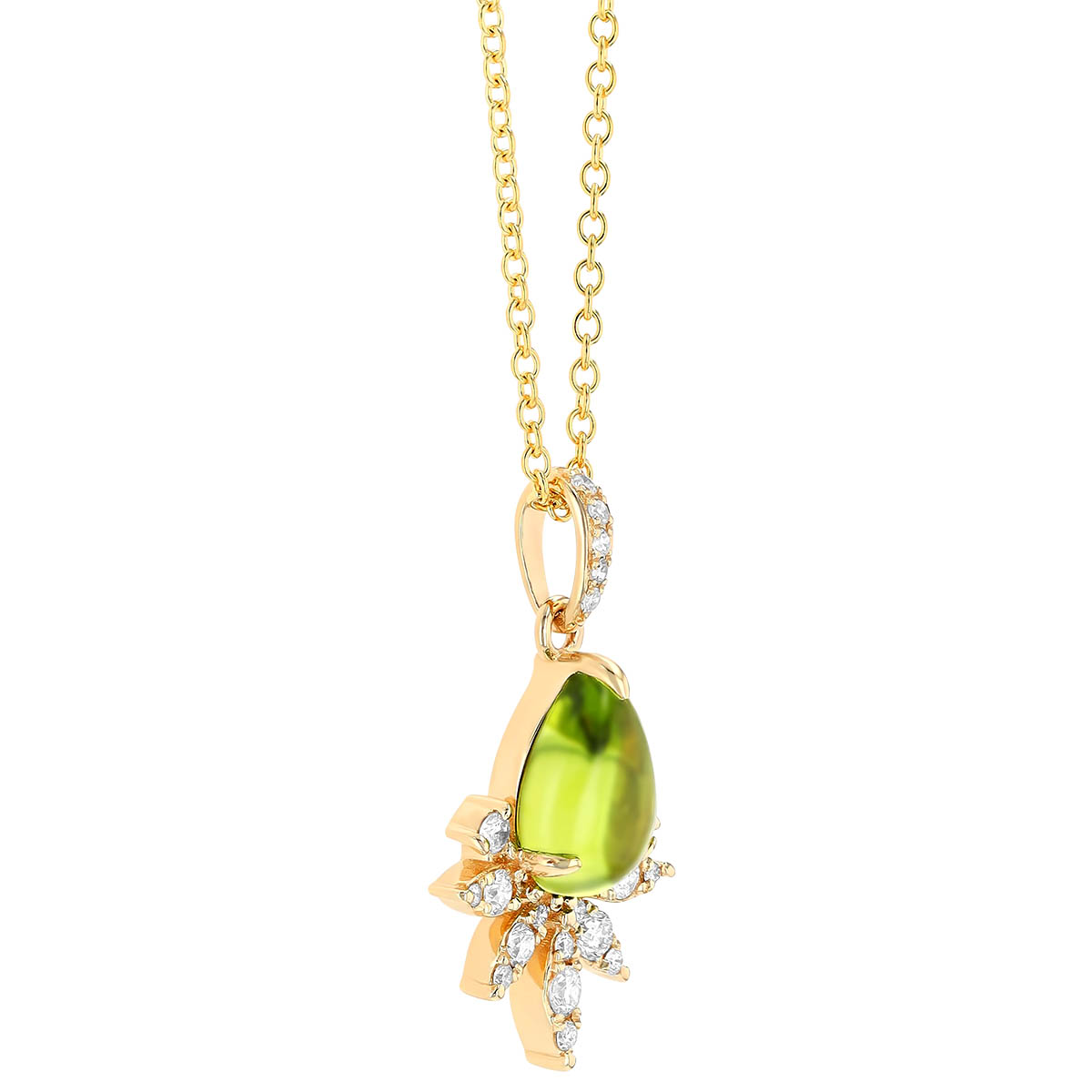 Pear Shaped Cabochon Peridot & Diamond Crown Pendant in Yellow Gold, 18