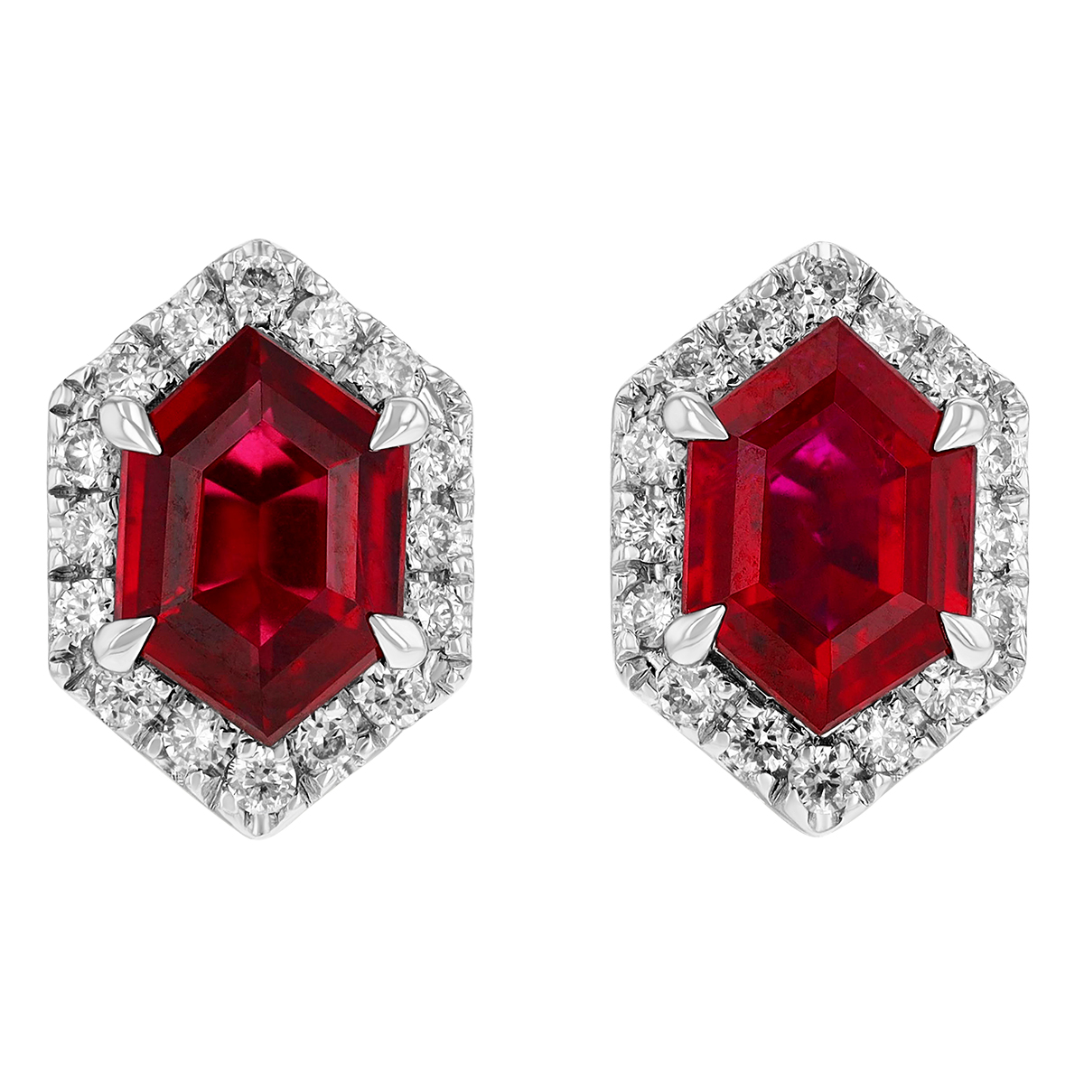 Hexagon Ruby & Diamond Halo Stud Earrings in White Gold