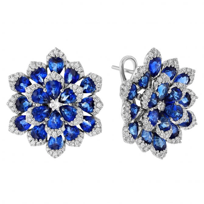 Sapphire & Diamond Flower Post Earrings in White Gold