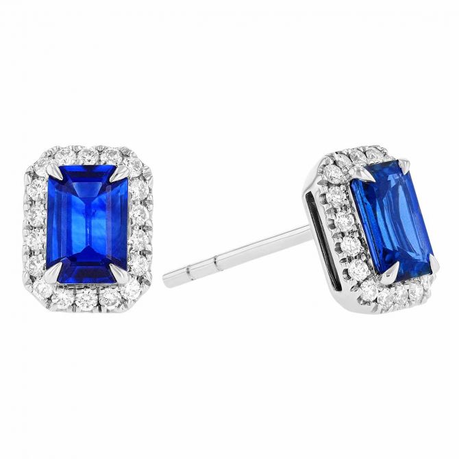Emerald Cut Sapphire & Diamond Frame Stud Earrings in White Gold