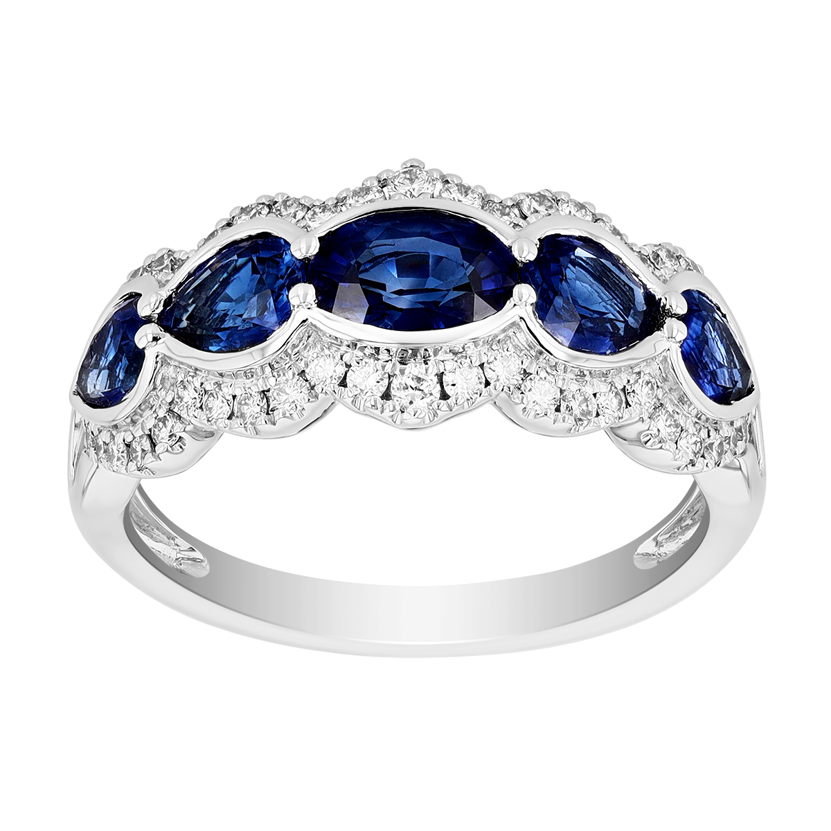 Oval Sapphire & Diamond Scalloped Ring in White Gold