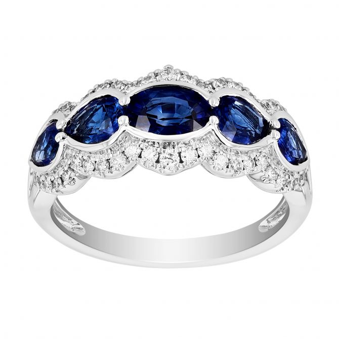 Oval Sapphire & Diamond Scalloped Ring in White Gold