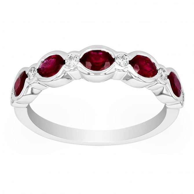 Oval Ruby & Diamond Bezel Set Alternating Band Ring in White Gold