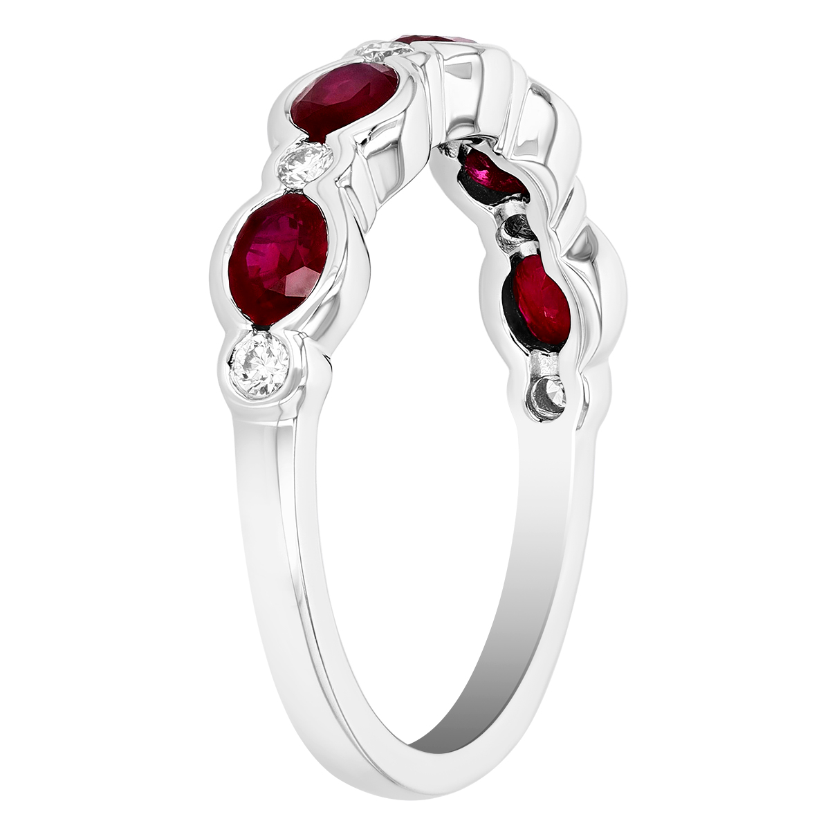 Oval Ruby & Diamond Bezel Set Alternating Band Ring in White Gold