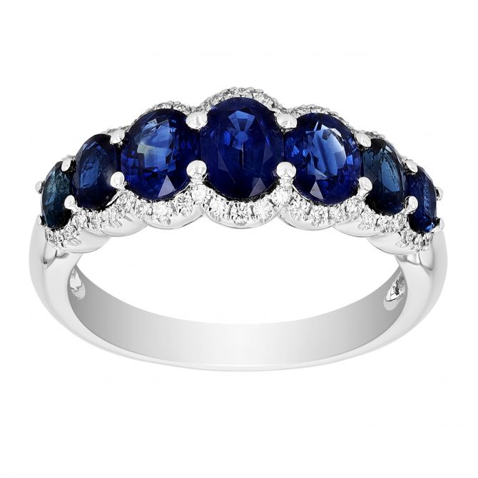 Oval Sapphire Graduated Ring with Scalloped Diamond Edges in White Gold