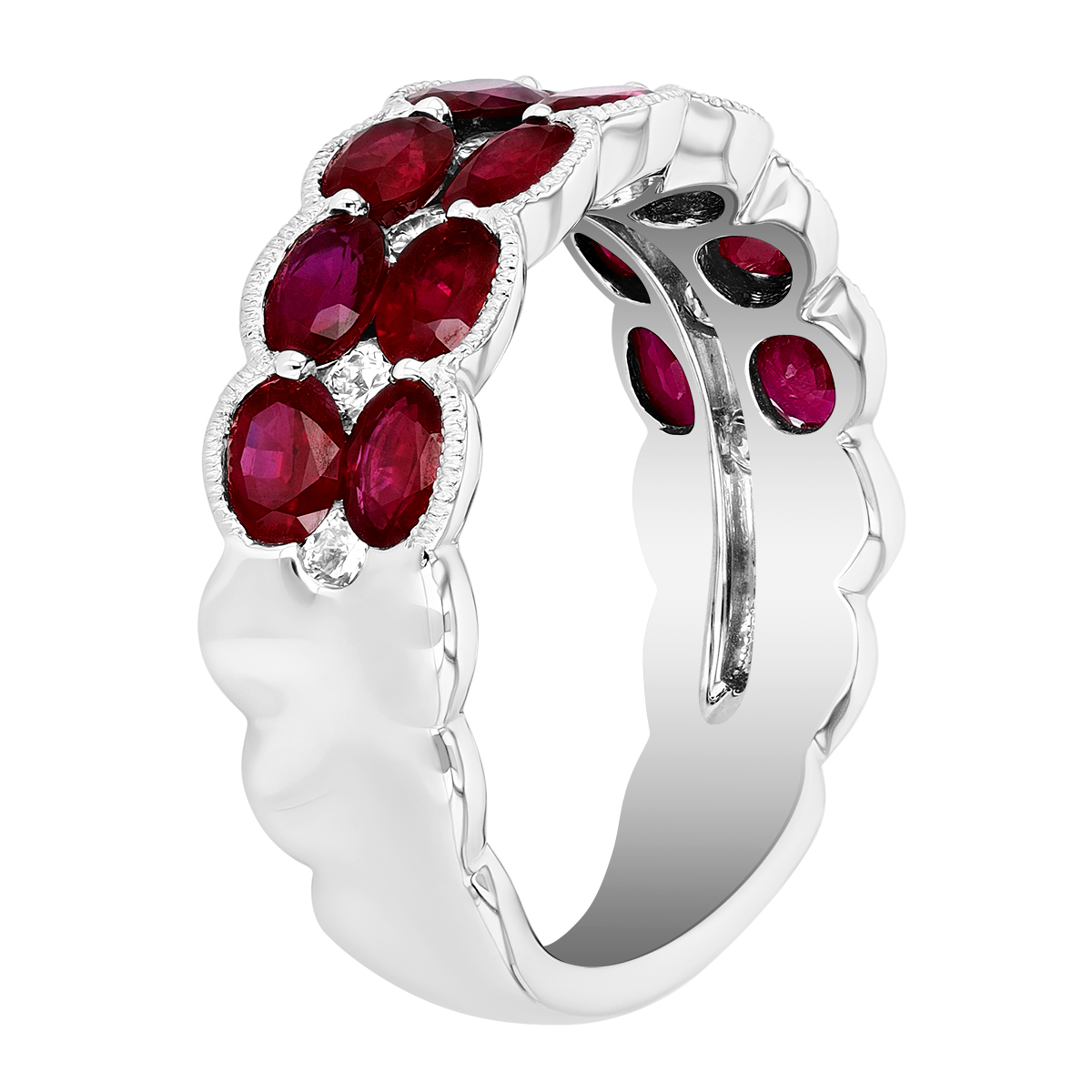 Oval Ruby & Diamond 2 Row Ring with Scalloped Milgrain Edge in White Gold