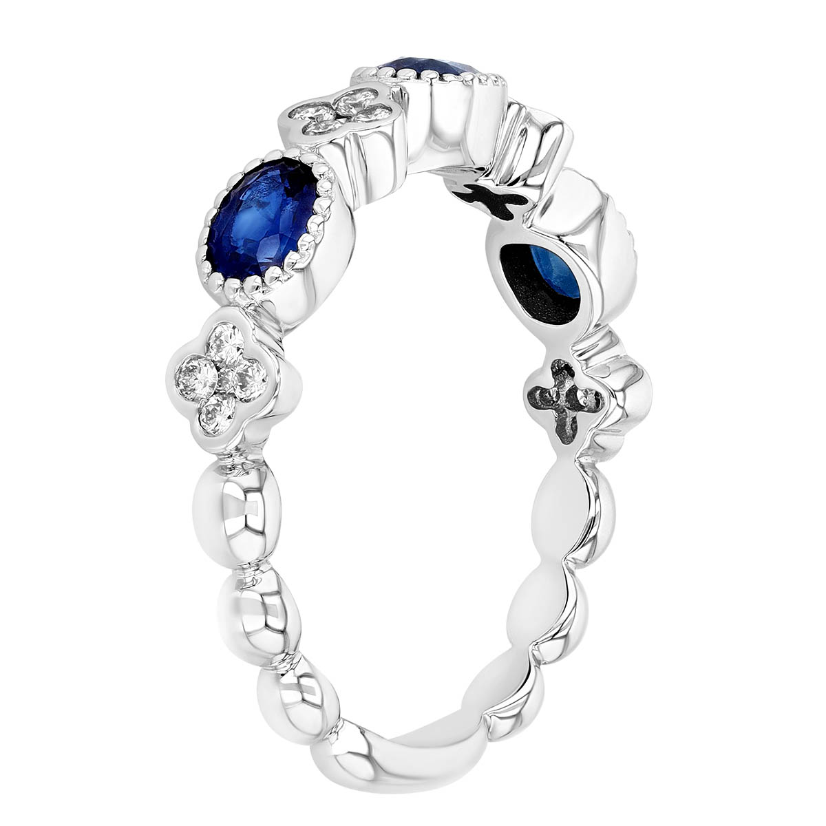 Oval Sapphire & Diamond Cluster Band Ring in White Gold with Milgrain