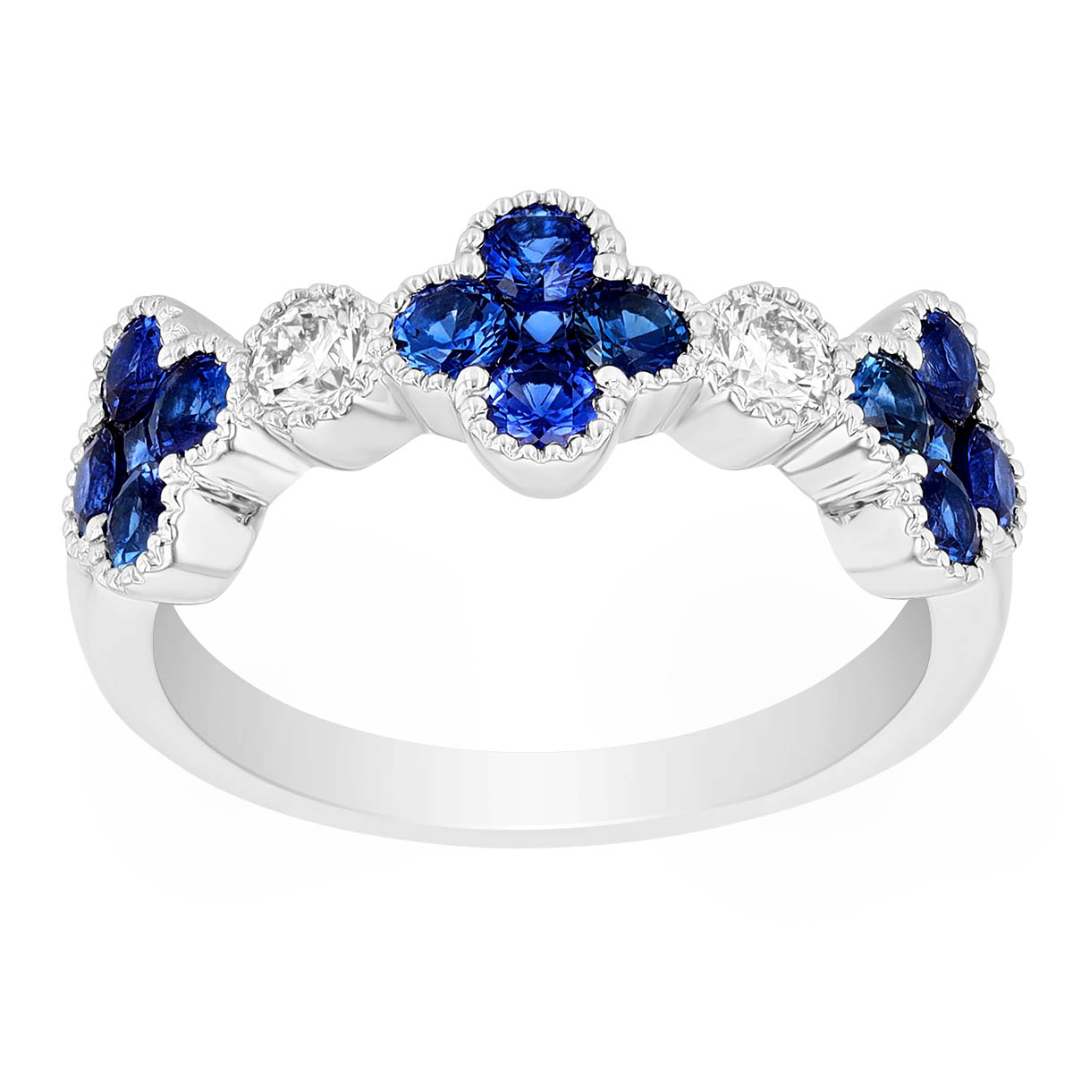 Sapphire Clover & Diamond Band Ring in White Gold with Milgrain