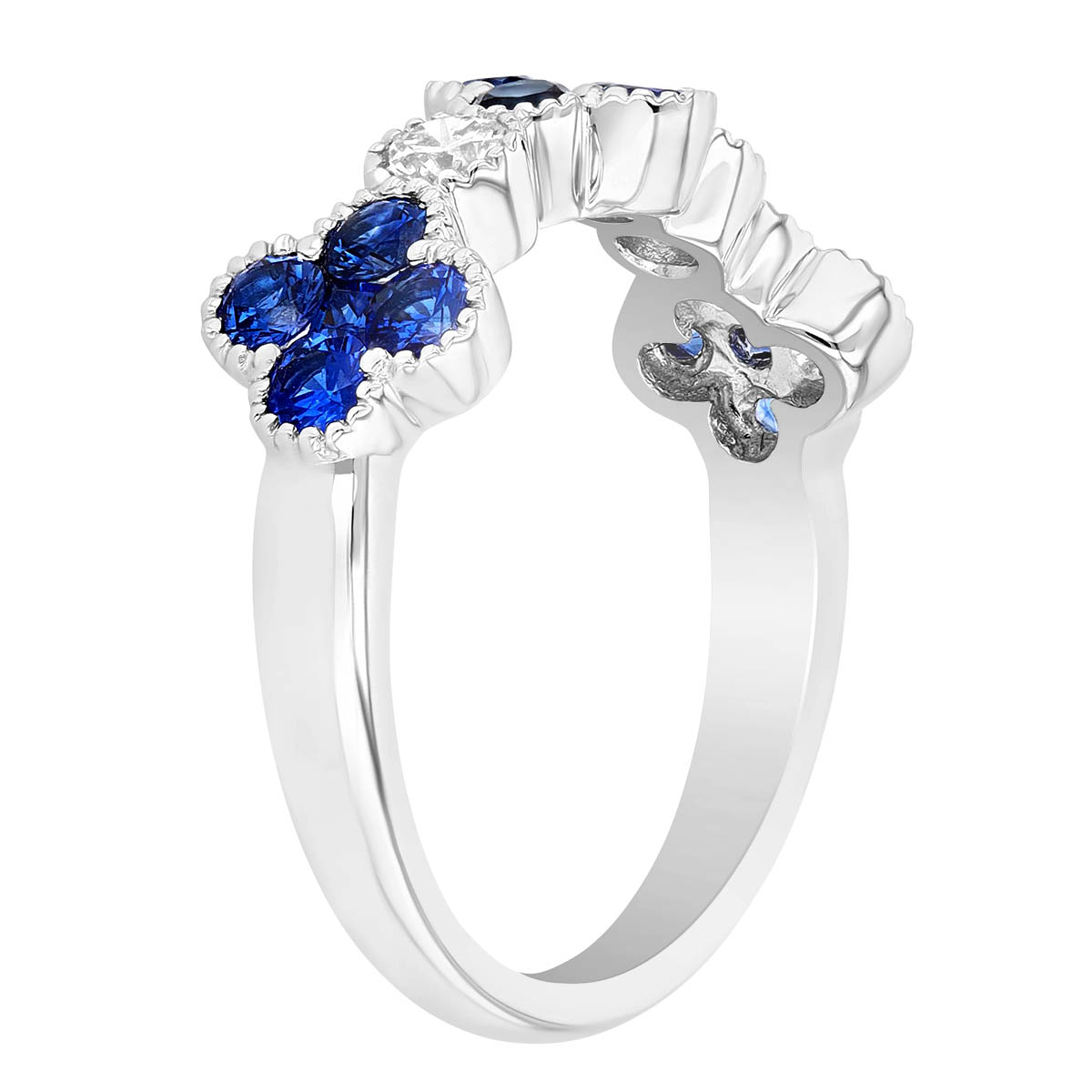 Sapphire Clover & Diamond Band Ring in White Gold with Milgrain