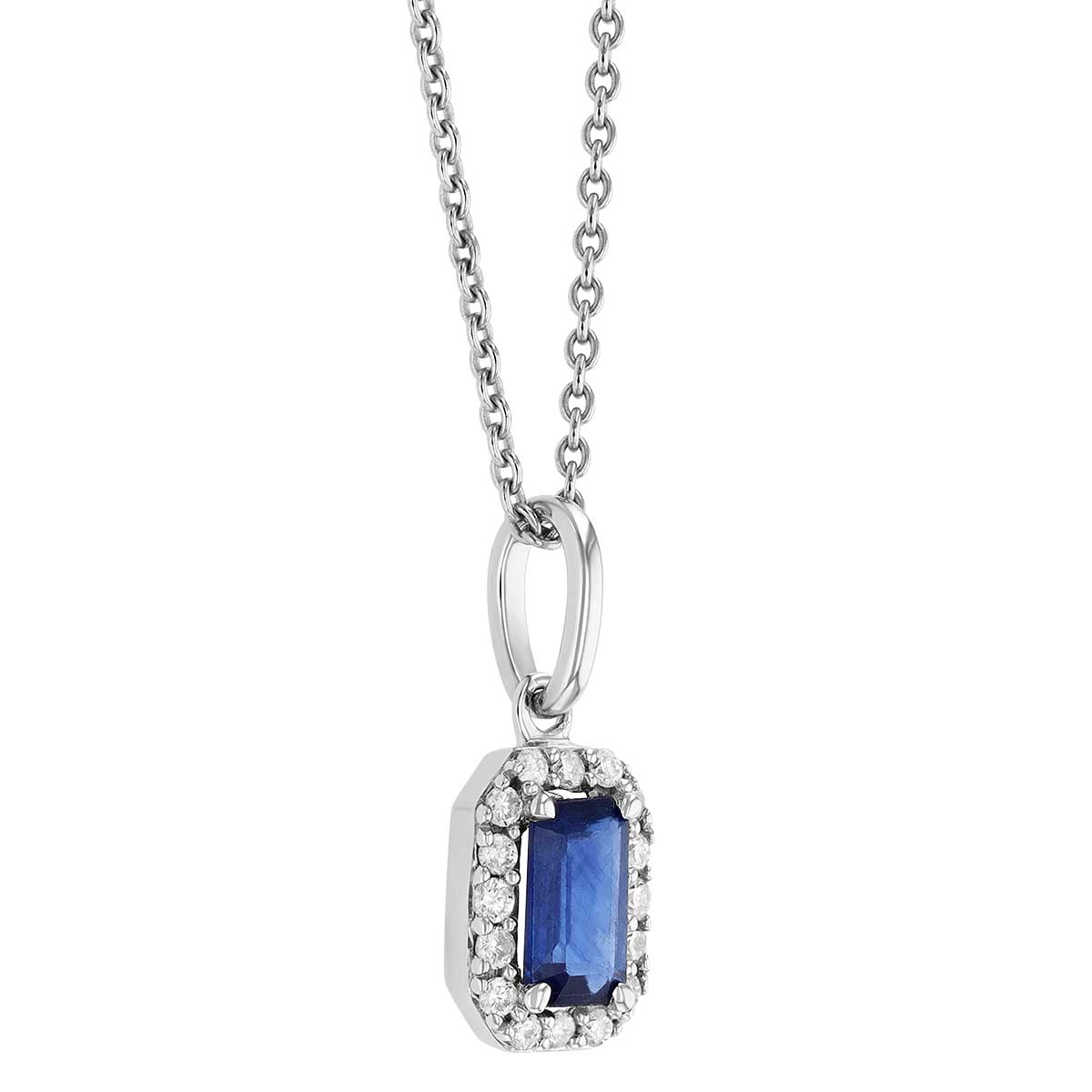 Emerald Cut Sapphire & Diamond Halo Pendant in White Gold