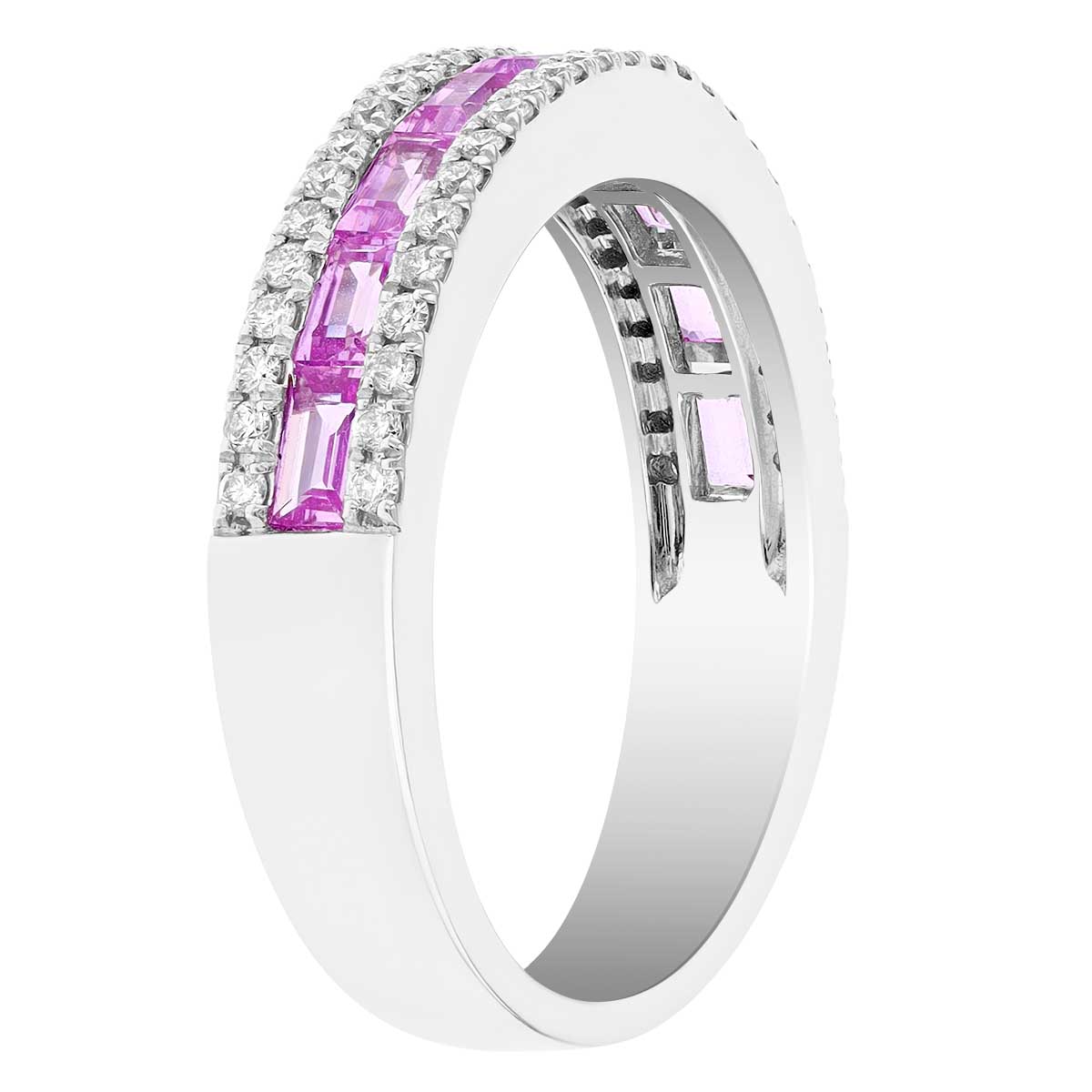 Pink Sapphire Baguette & Diamond 3 Row Band Ring in White Gold