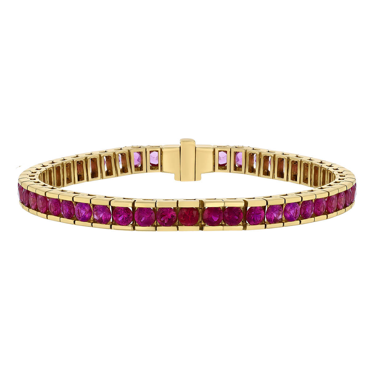 Round Pink Sapphire Channel Set Tennis Bracelet in Yellow Gold, 7