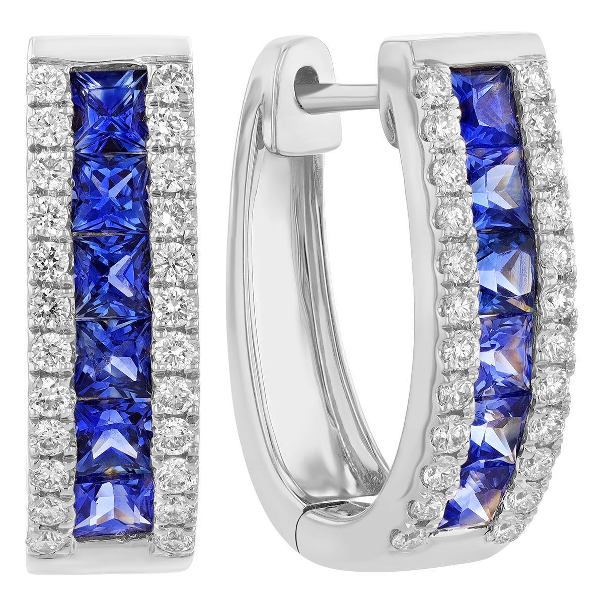 Princess Cut Sapphire & Diamond Channel Set Oval Hoop Earrings in White Gold, 1.65 tw