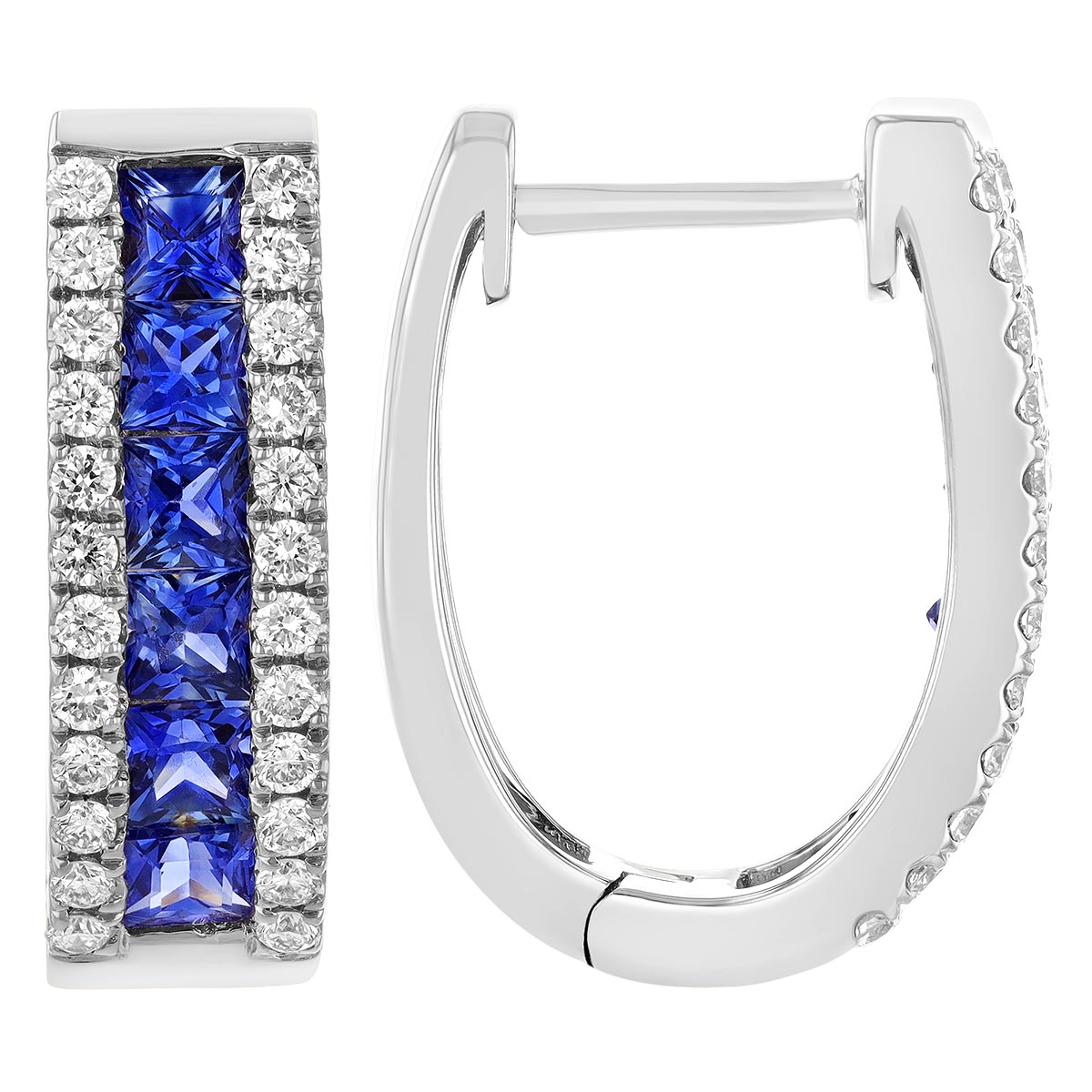 Princess Cut Sapphire & Diamond Channel Set Oval Hoop Earrings in White Gold, 1.65 tw