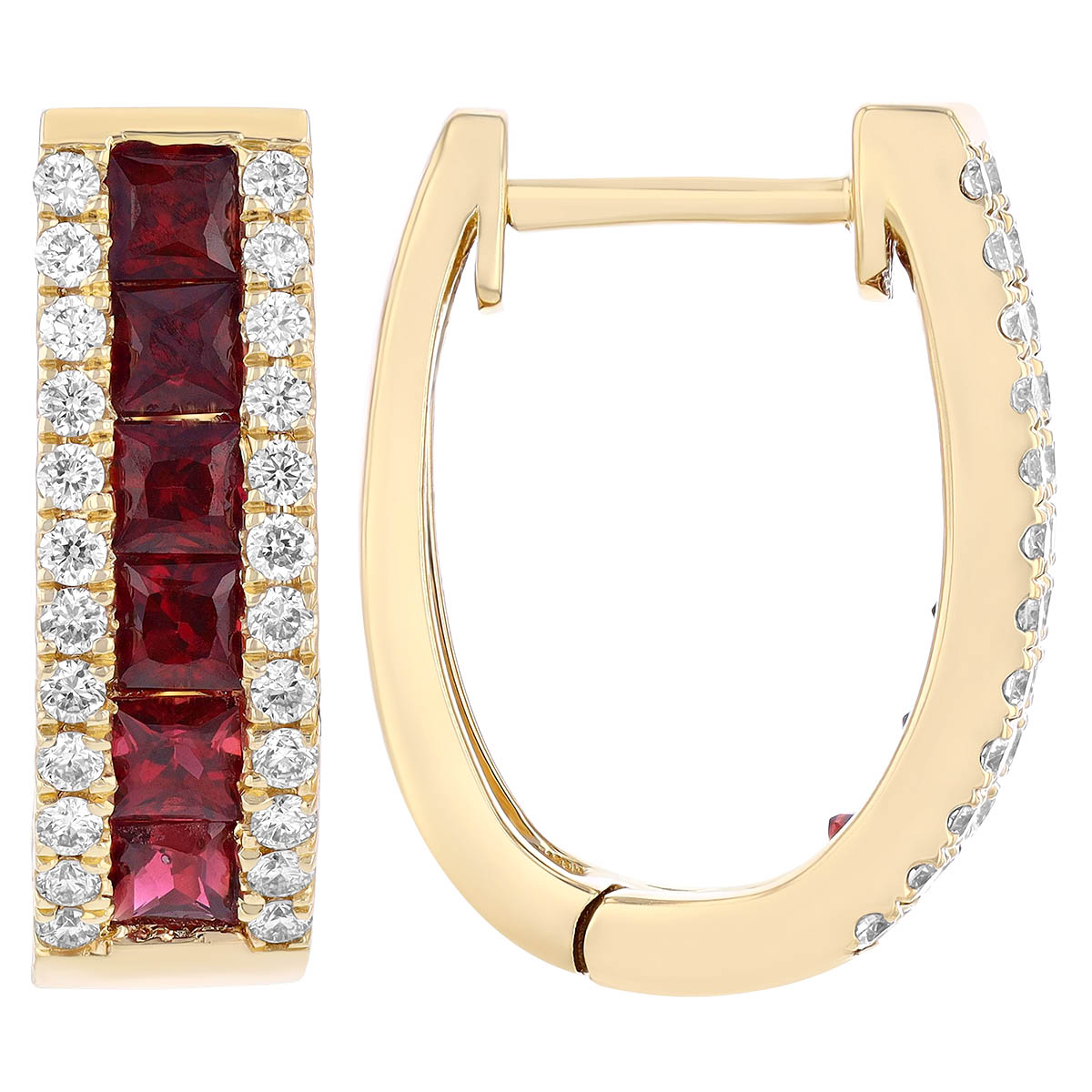 Princess Cut Ruby & Diamond Channel Set Oval Hoop Earrings in Yellow Gold