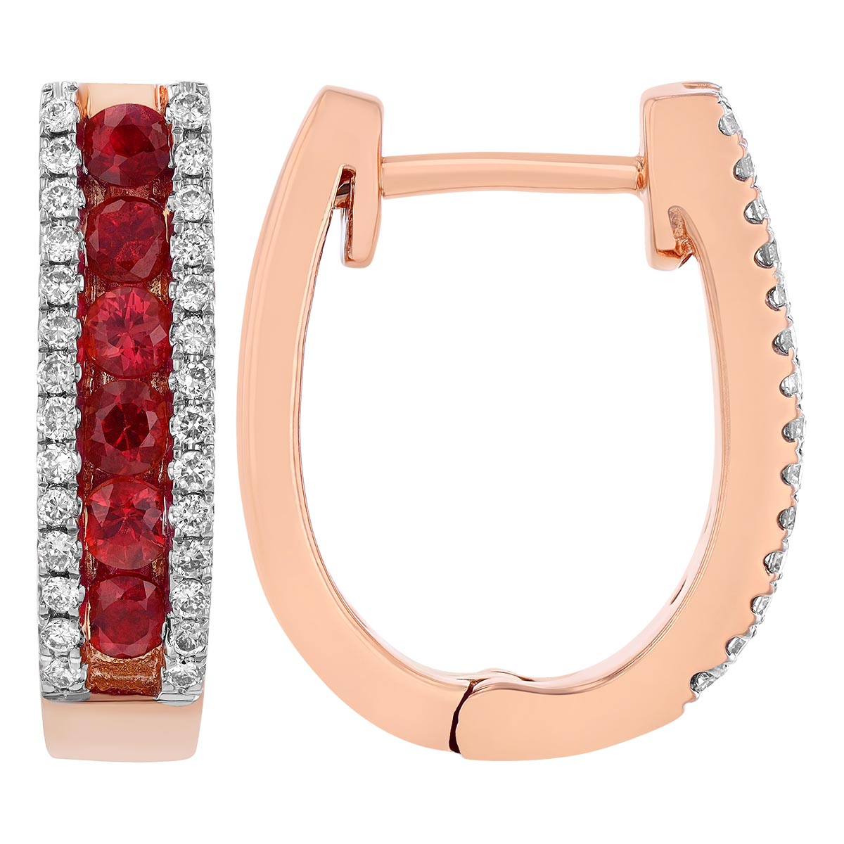 Round Orange Sapphire & Diamond Channel Set Oval Hoop Earrings in Rose Gold