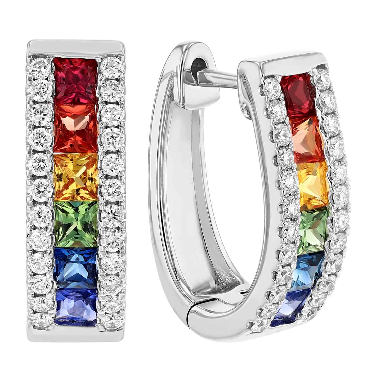 Multicolored Princess Cut Sapphire & Diamond Hoop Earrings in White Gold
