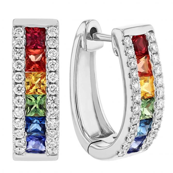 Multicolored Princess Cut Sapphire & Diamond Hoop Earrings in White Gold