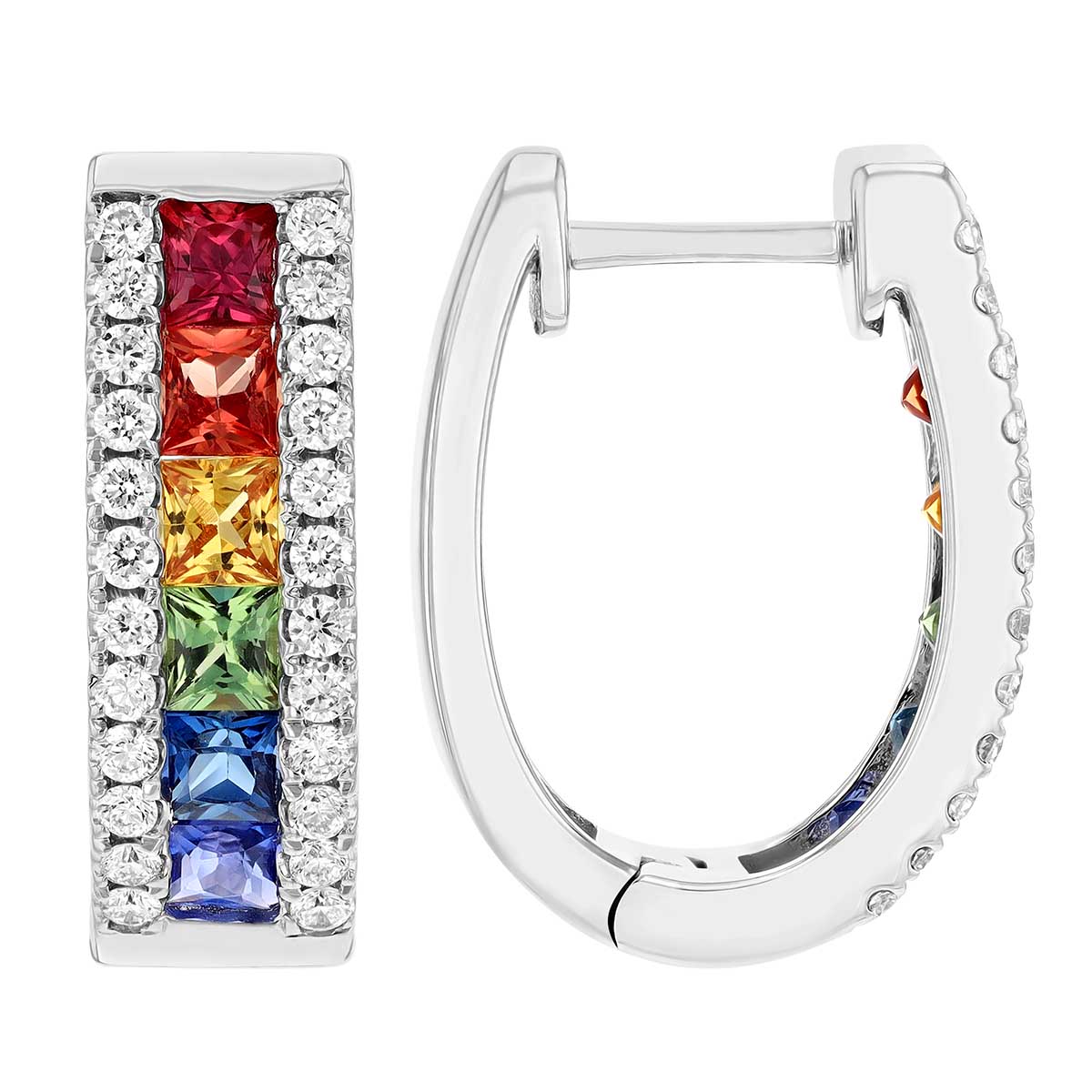 Multicolored Princess Cut Sapphire & Diamond Hoop Earrings in White Gold