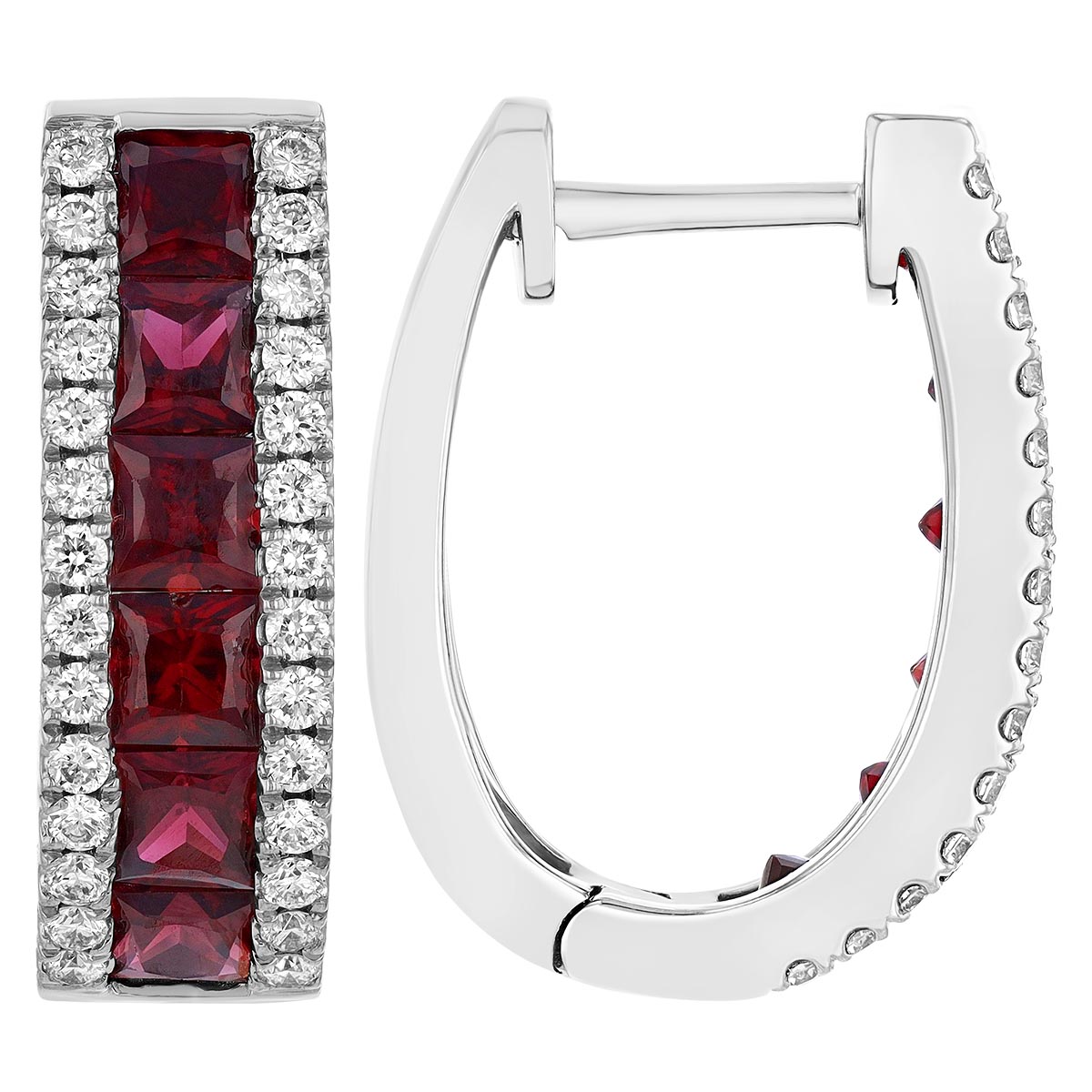 Princess Cut Ruby & Diamond Channel Set Oval Hoop Earrings in White Gold