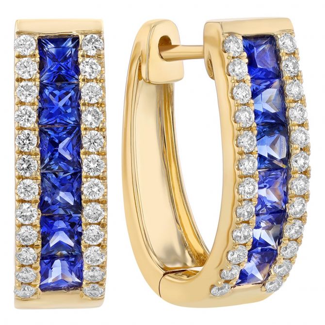 Princess Cut Sapphire & Diamond Channel Set Oval Hoop Earrings in Yellow Gold