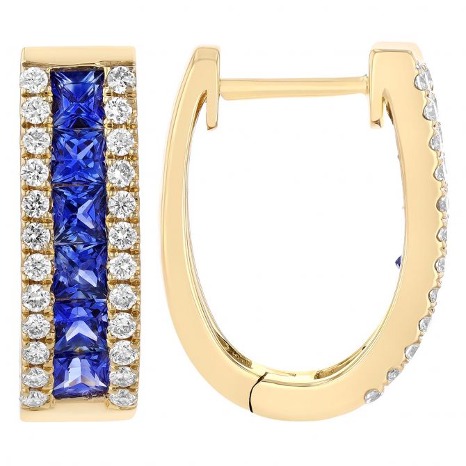 Princess Cut Sapphire Diamond Channel Set Oval Hoop Earrings in