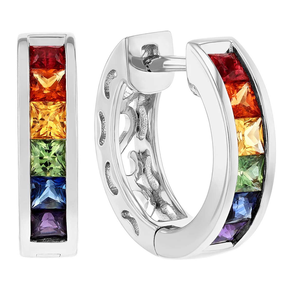 Multicolored Princess Cut Sapphire Channel Set Hoop Earrings in White Gold, 1.46 tw