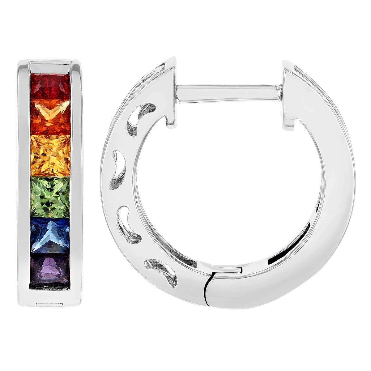 Multicolored Princess Cut Sapphire Channel Set Hoop Earrings in White Gold, 1.46 tw