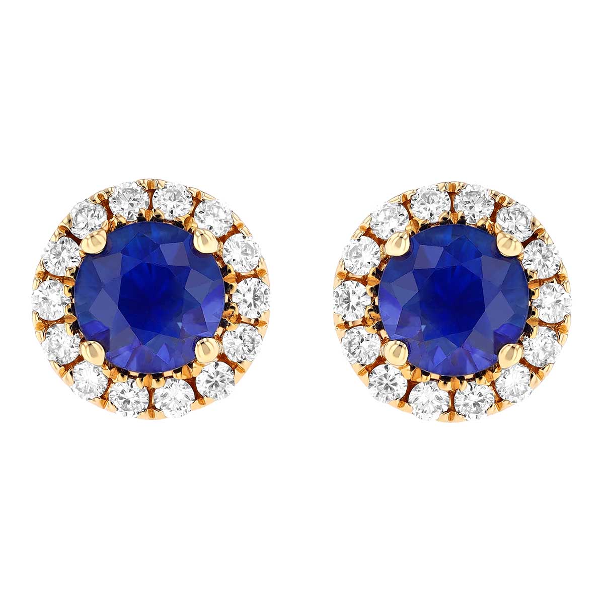 Round Sapphire & Diamond Halo Stud Earrings in Yellow Gold, 0.99 tw