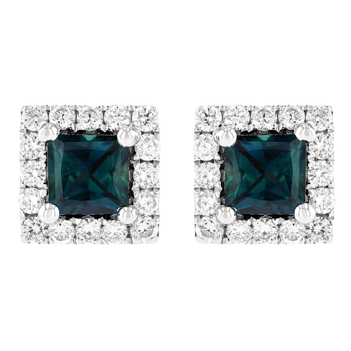 Princess Cut Sapphire & Diamond Halo Square Stud Earrings in White Gold
