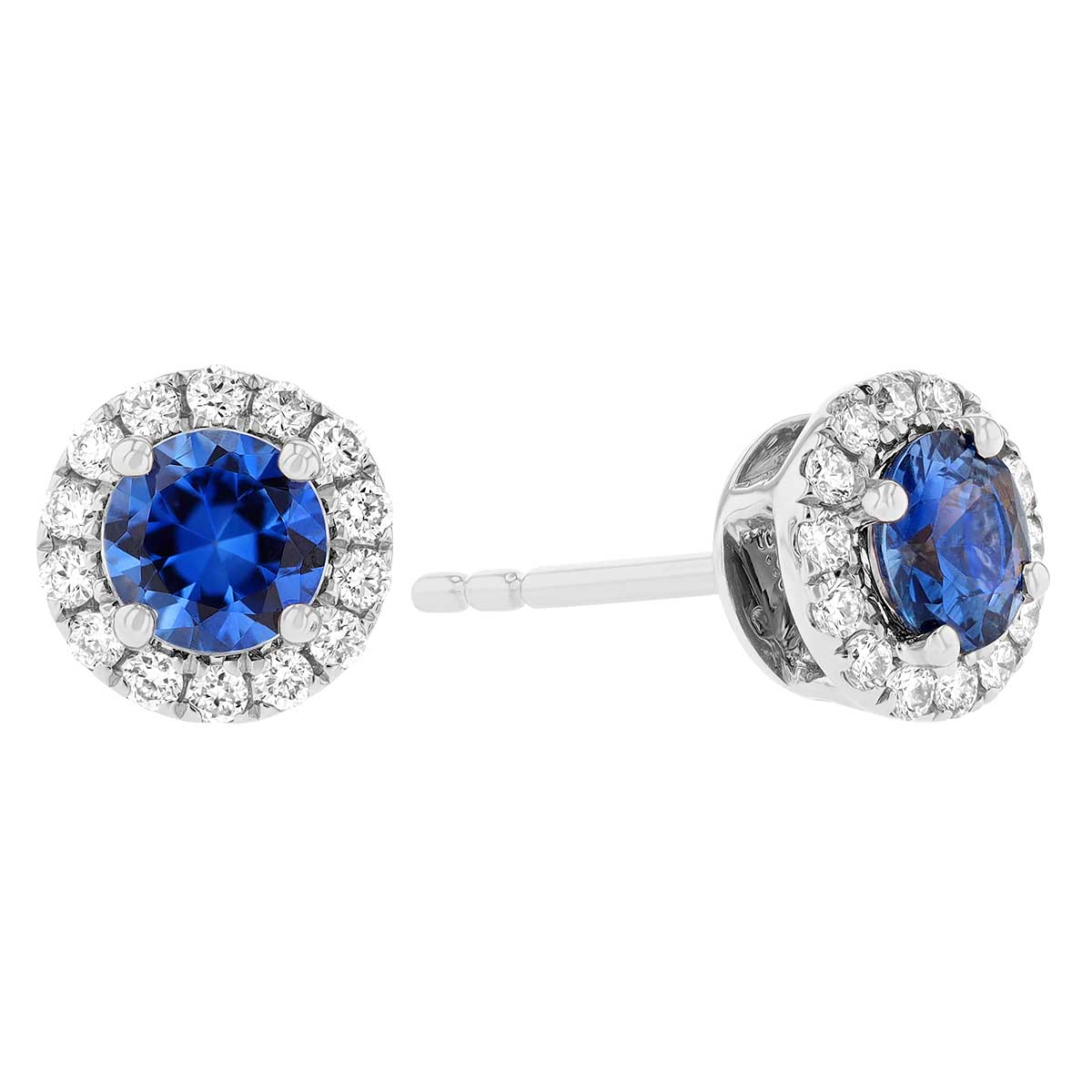 Round Sapphire & Diamond Halo Stud Earrings in White Gold, 0.89 tw