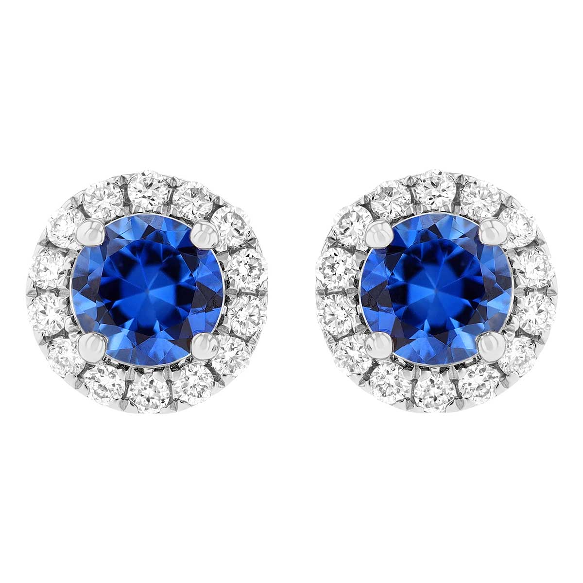 Round Sapphire & Diamond Halo Stud Earrings in White Gold, 0.89 tw