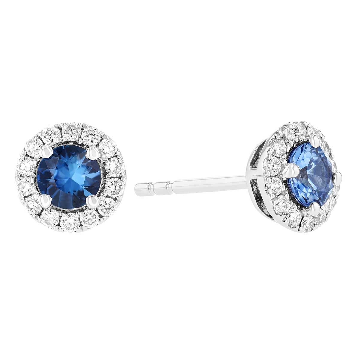 Round Sapphire & Diamond Halo Stud Earrings in White Gold, 0.76 tw