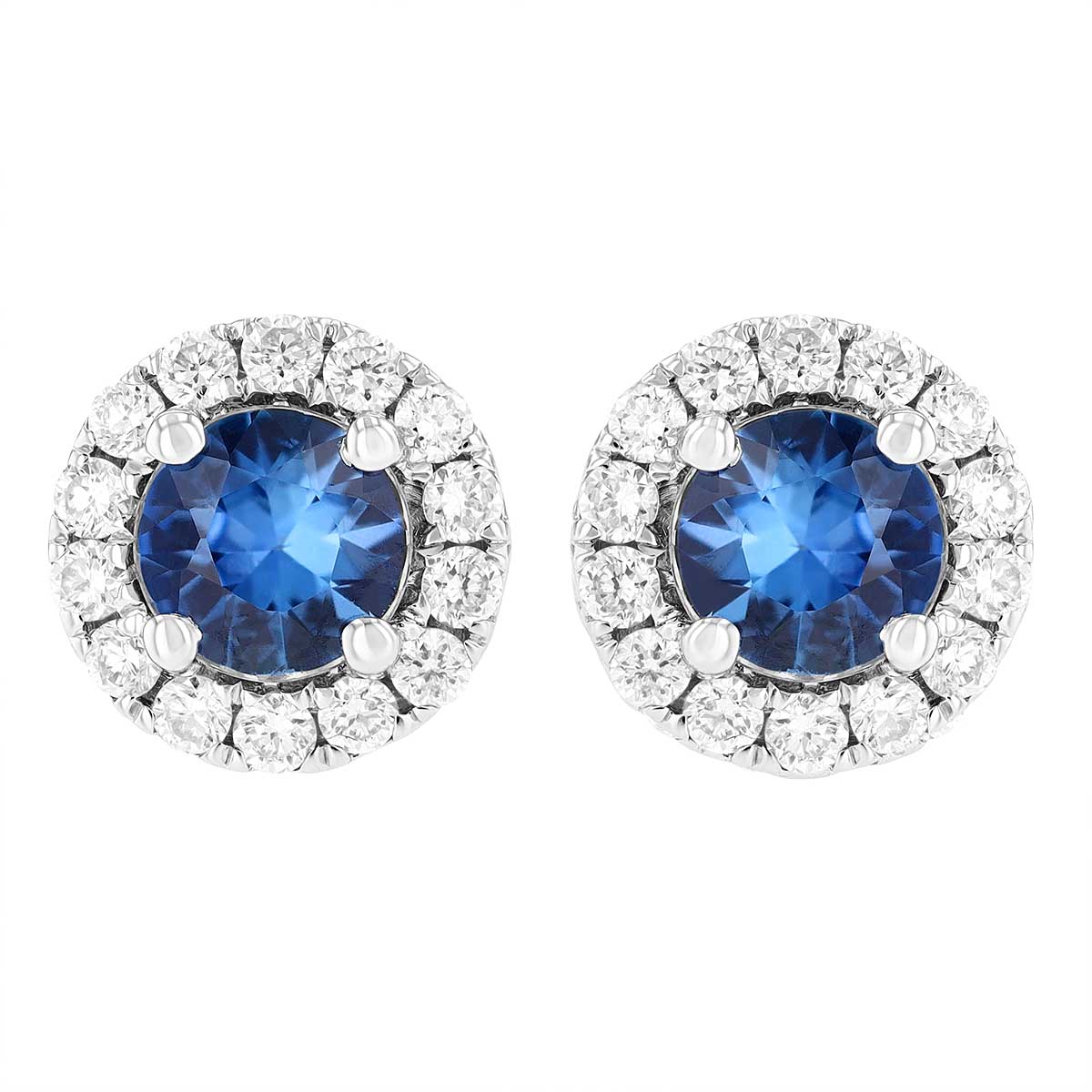 Round Sapphire & Diamond Halo Stud Earrings in White Gold, 0.76 tw
