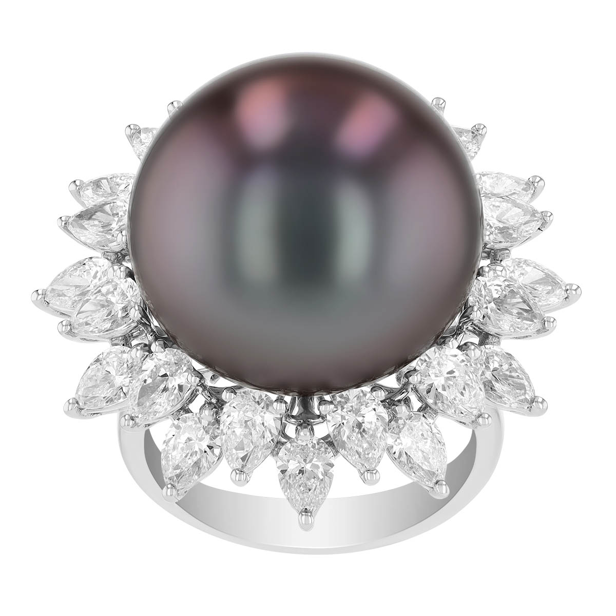 TARA Pearls Tahitian South Sea Cultured Pearl & Pear Shape Diamond Cluster Halo Ring in White Gold