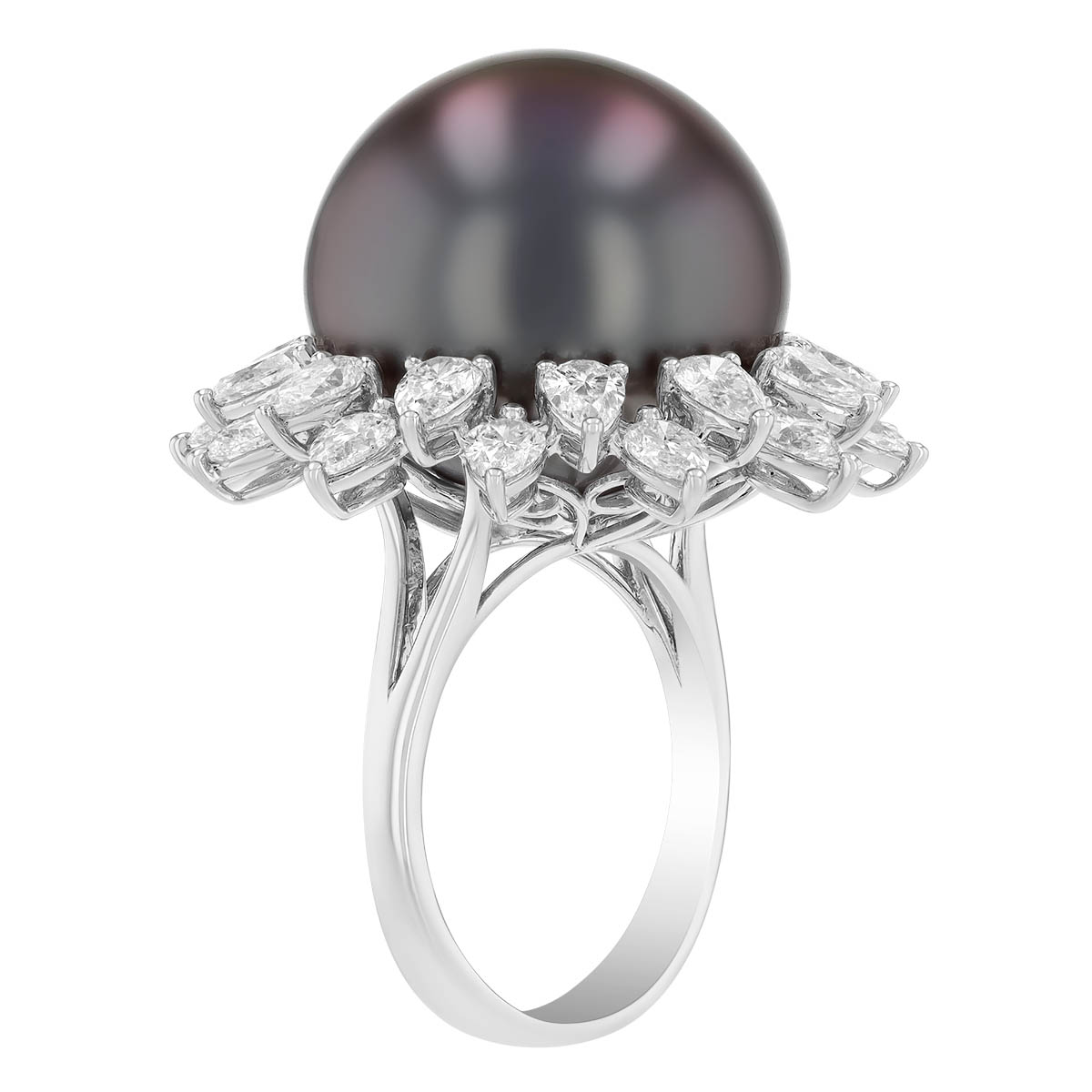TARA Pearls Tahitian South Sea Cultured Pearl & Pear Shape Diamond Cluster Halo Ring in White Gold