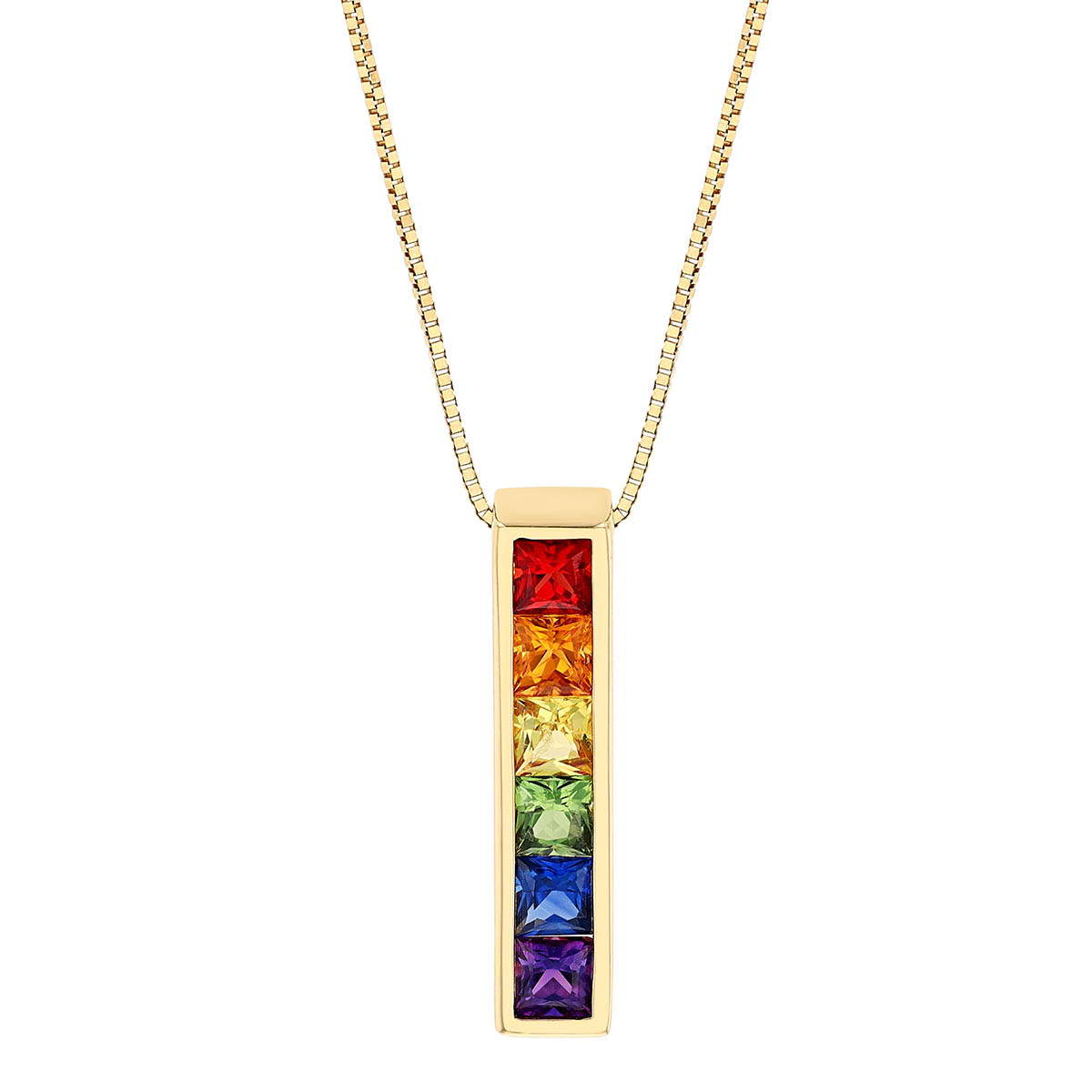 Multicolored Princess Cut Sapphire Channel Set Column Pendant in Yellow Gold
