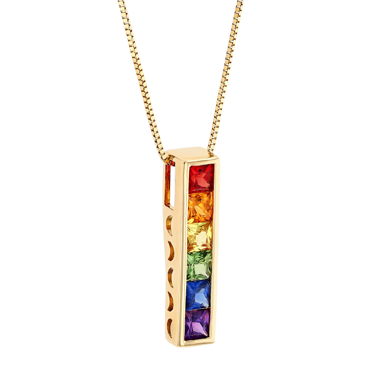 Multicolored Princess Cut Sapphire Channel Set Column Pendant in Yellow Gold