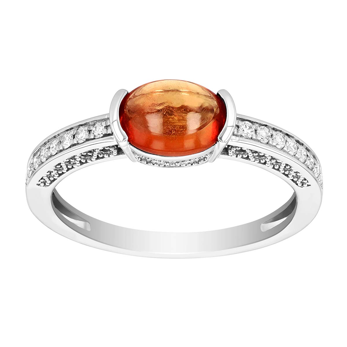 Oval Cabochon Orange Sapphire Half Bezel & Diamond Ring in White Gold