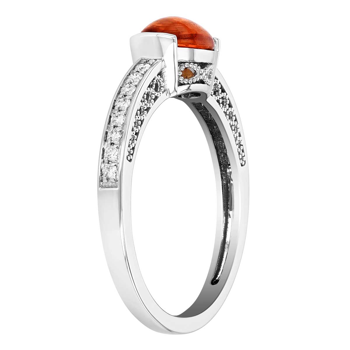 Oval Cabochon Orange Sapphire Half Bezel & Diamond Ring in White Gold