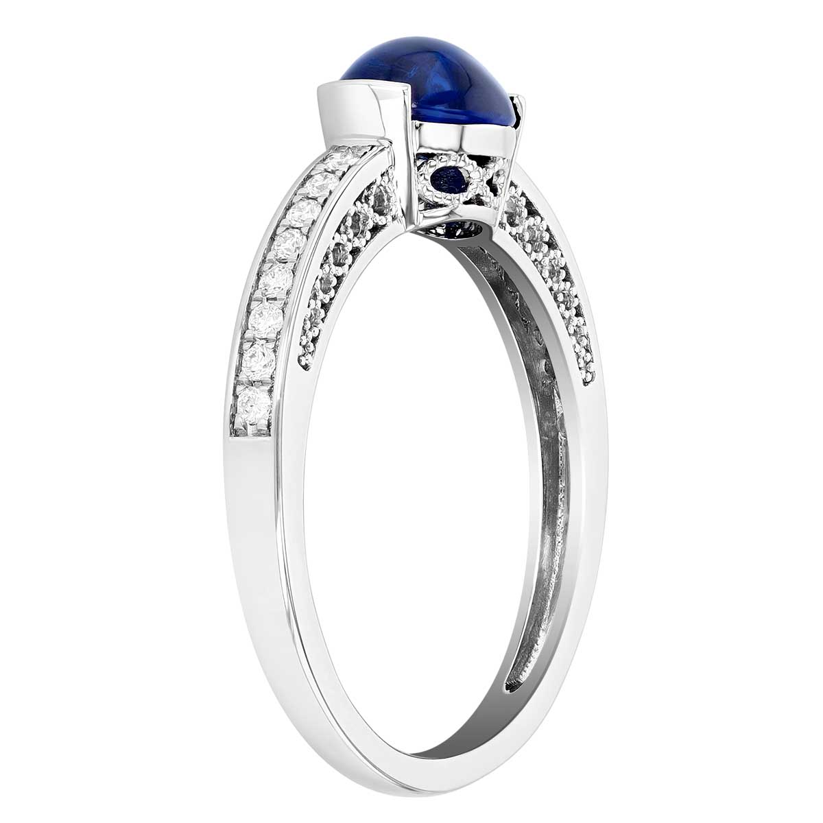 Oval Cabochon Sapphire Half Bezel & Diamond Ring in White Gold