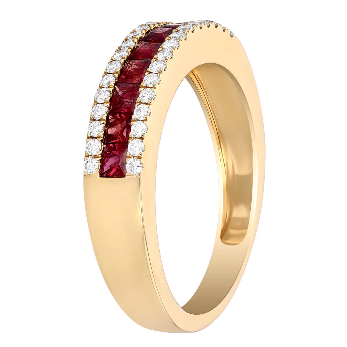 Princess Cut Ruby & Diamond Channel Set Ring in Yellow Gold