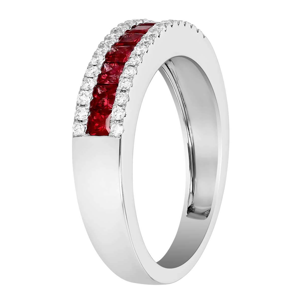 Princess Cut Ruby & Diamond Channel Set Ring in White Gold, 0.88 tw