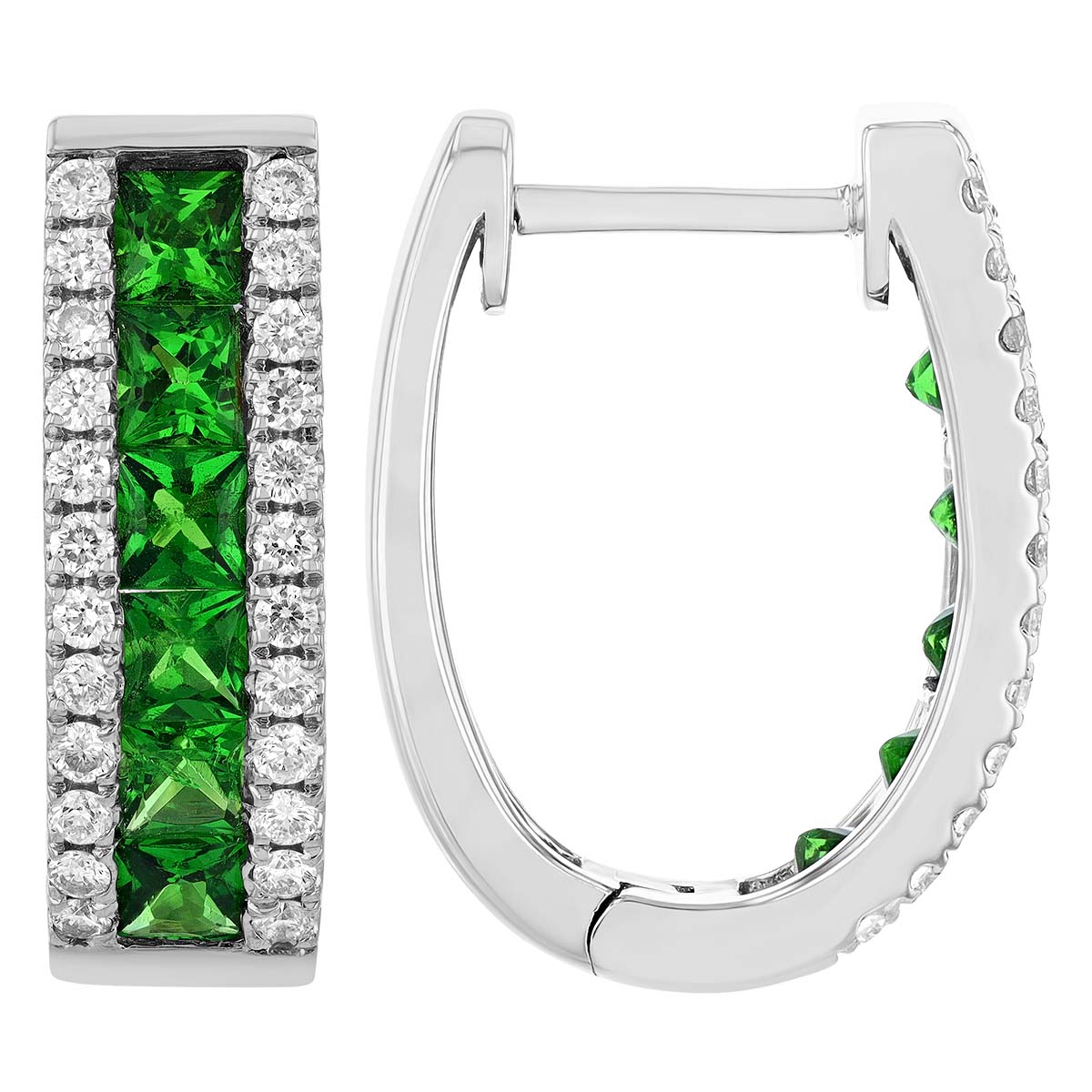 Tsavorite Garnet & Diamond 3 Row Hoop Earrings in White Gold