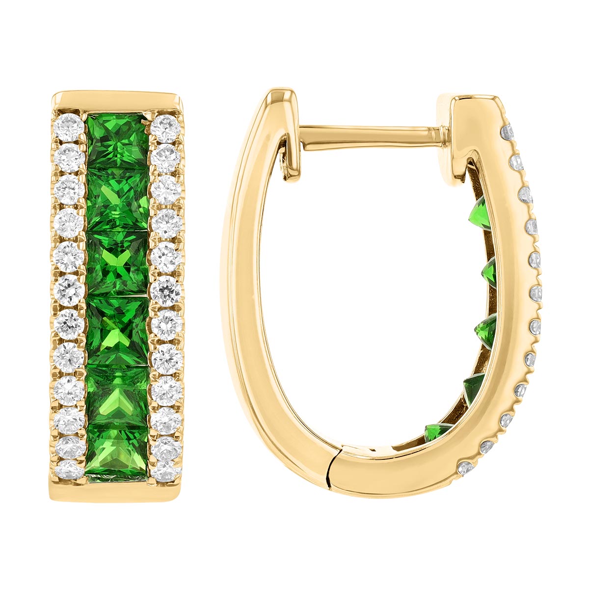 Princess Cut Tsavorite Garnet & Diamond Hoop Earrings in Yellow Gold, 1.59 tw