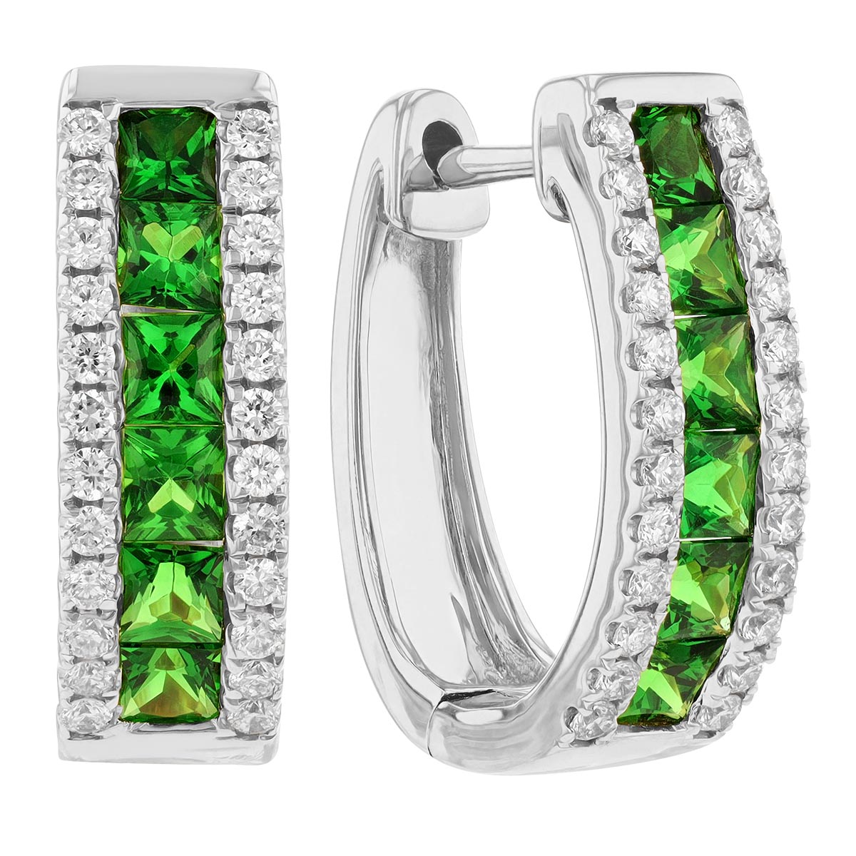 Princess Cut Tsavorite Garnet & Diamond Hoop Earrings in White Gold, 1.49 tw